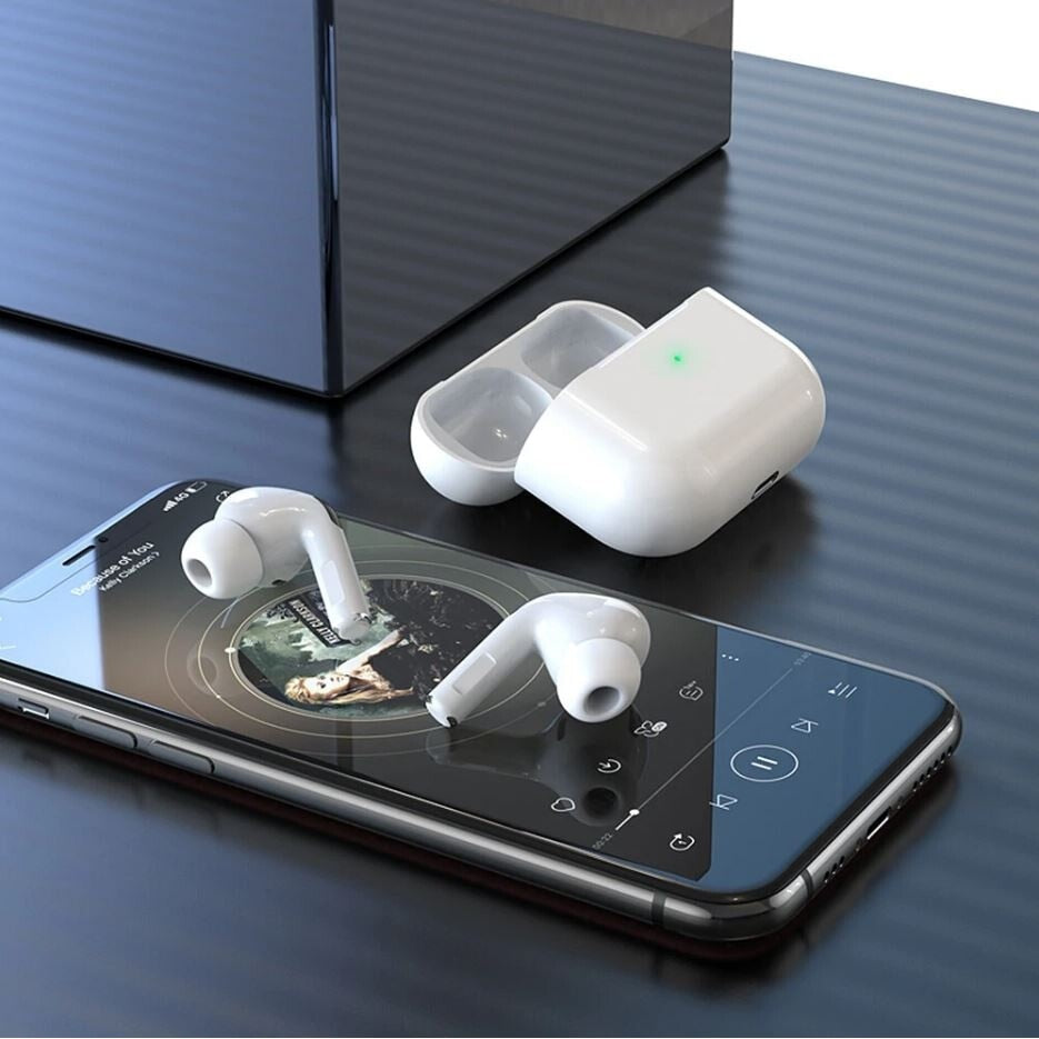 Casti wireless Air Pro 3 Macvi®, compatibile Android/iPhone, HD audio/ voce, dual HD true stereo, performanta, confort, cutie de incarcare portabila, autonomie 24 h, control tactil inteligent, Alb