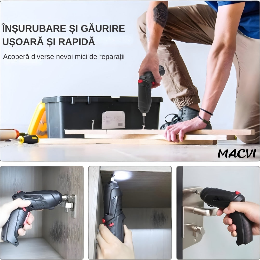 Surubelnita Electrica Portabila Macvi®, 47 Piese Acumulator Reincarcabil Maner Rotativ 90-180° Set Biti si Capete Tubulare Trusa Transport Negru