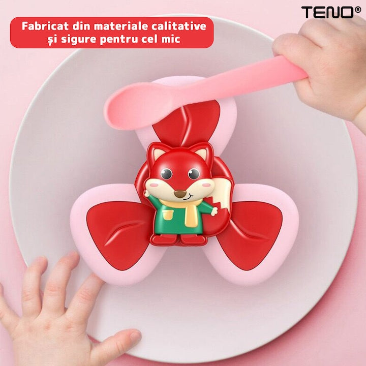 Jucarie Interactiva Fidget Spinner Teno®, forma Vulpe, margini de silicon, 3 laturi, ventuza de prindere, 1-3 ani, rosu