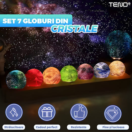 Lampa de Veghe Teno®, 7 bile de cristal, ambientala, lumini LED, suport de lemn, lumina cu protectie pentru ochi, multicolor