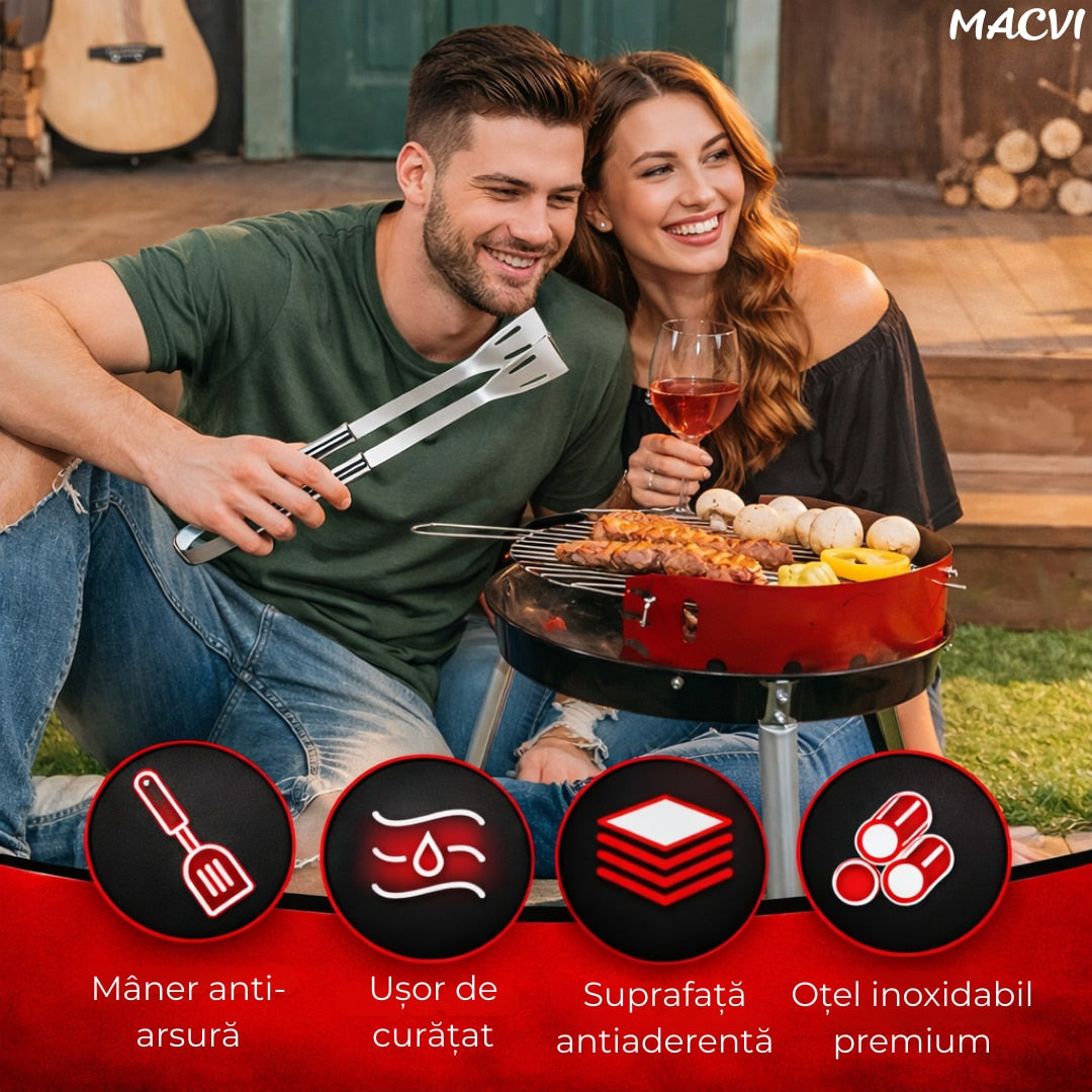 Set accesorii gratar Macvi® 25 piese, otel inoxidabil premium, geanta transport aluminiu captusita 43x27x8cm