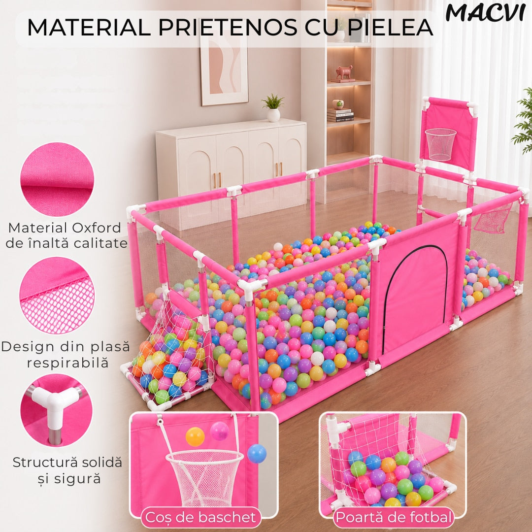 Tarc pentru copii Macvi® 100 bile incluse, gard de siguranta, 6 luni - 6 ani, 190x129x66 cm, usor de montat, otel inoxidabil, Roz