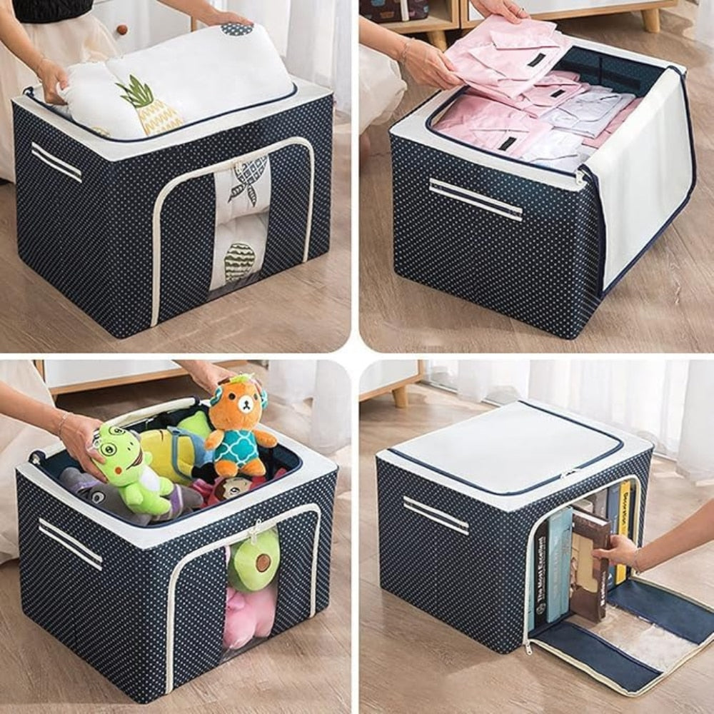 Organizator depozitare Macvi® 100 litri, cutie textila pliabila cu capac si fermoar, panou transparent pentru vizualizare si cadru metalic robust, ideala pentru haine voluminoase si depozitare