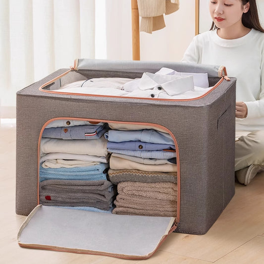 Cutie depozitare Macvi® 24L pliabila din material textil cu fermoar si fereastra transparenta cu cadru metalic pentru organizare eficienta, organizator pentru haine si articole casnice