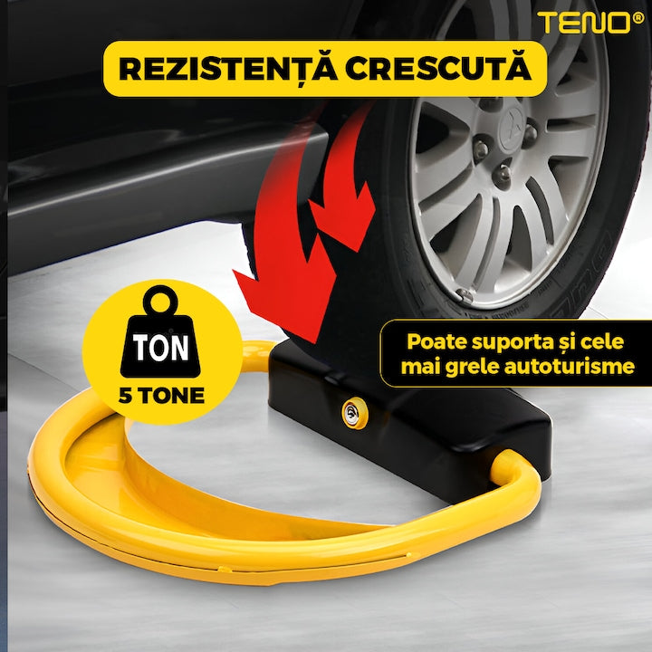 Blocator Parcare Automat Teno®, patrat, pentru loc parcare si alee, cu telecomanda si alarma, greutate suportata 5 tone, material rezistent, anti-rugina, alimentare cu acumulator, negru/galben