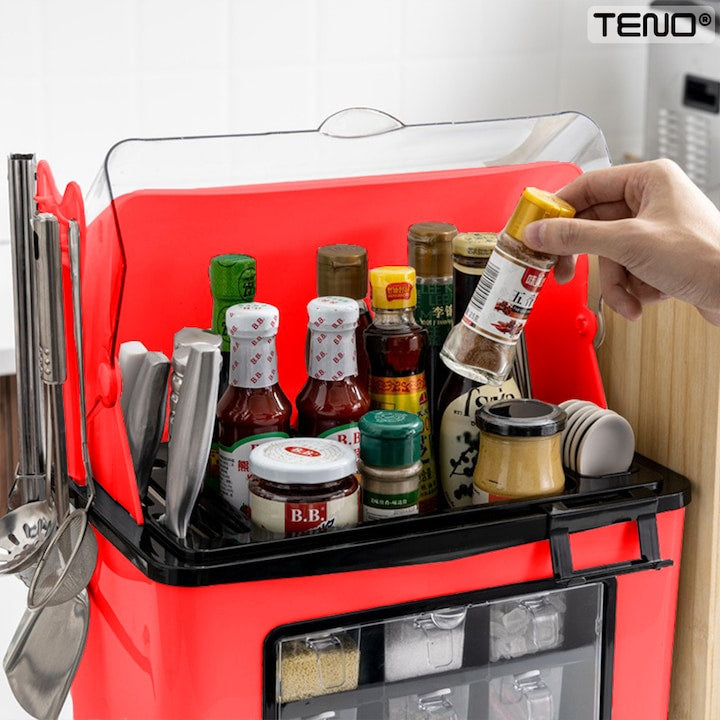Organizator Multifunctional pentru Bucatarie Teno®, suport sticle, rafturi pentru condimente, cuier pentru ustensile, suport cutite, 46 x 26 x 43 cm, rosu