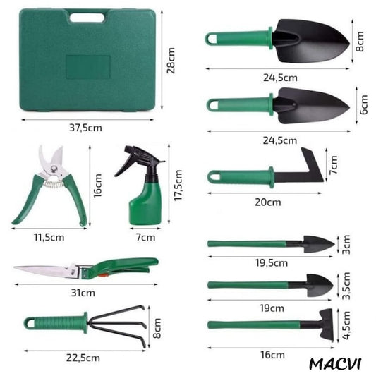 Set accesorii gradinarit Macvi® 10 piese, unelte din inox si plastic, foarfeca, lopata, pulverizator, geanta inclusa