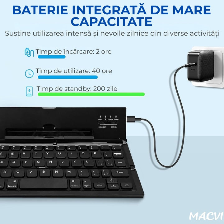 Tastatura Bluetooth pliabila Macvi® wireless, compacta, touchpad integrat, compatibila tableta si laptop, negru