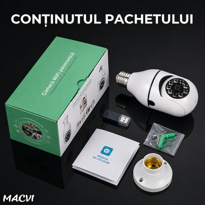 Camera de Supraveghere WiFi Macvi® Tip Bec E27, PTZ 360°, Full HD 1080P, 2MP, Vedere Nocturna Color, Detectare Miscare si Sunet, Audio Bidirectional, iCSee, Slot Card MicroSD 128GB, Alb