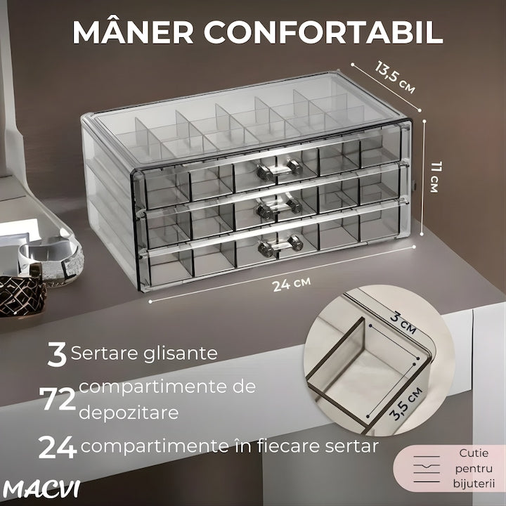 Cutie bijuterii Macvi® transparenta, multistrat, 3 sertare, 72 compartimente, capacitate mare, 24×13, 5×11 cm