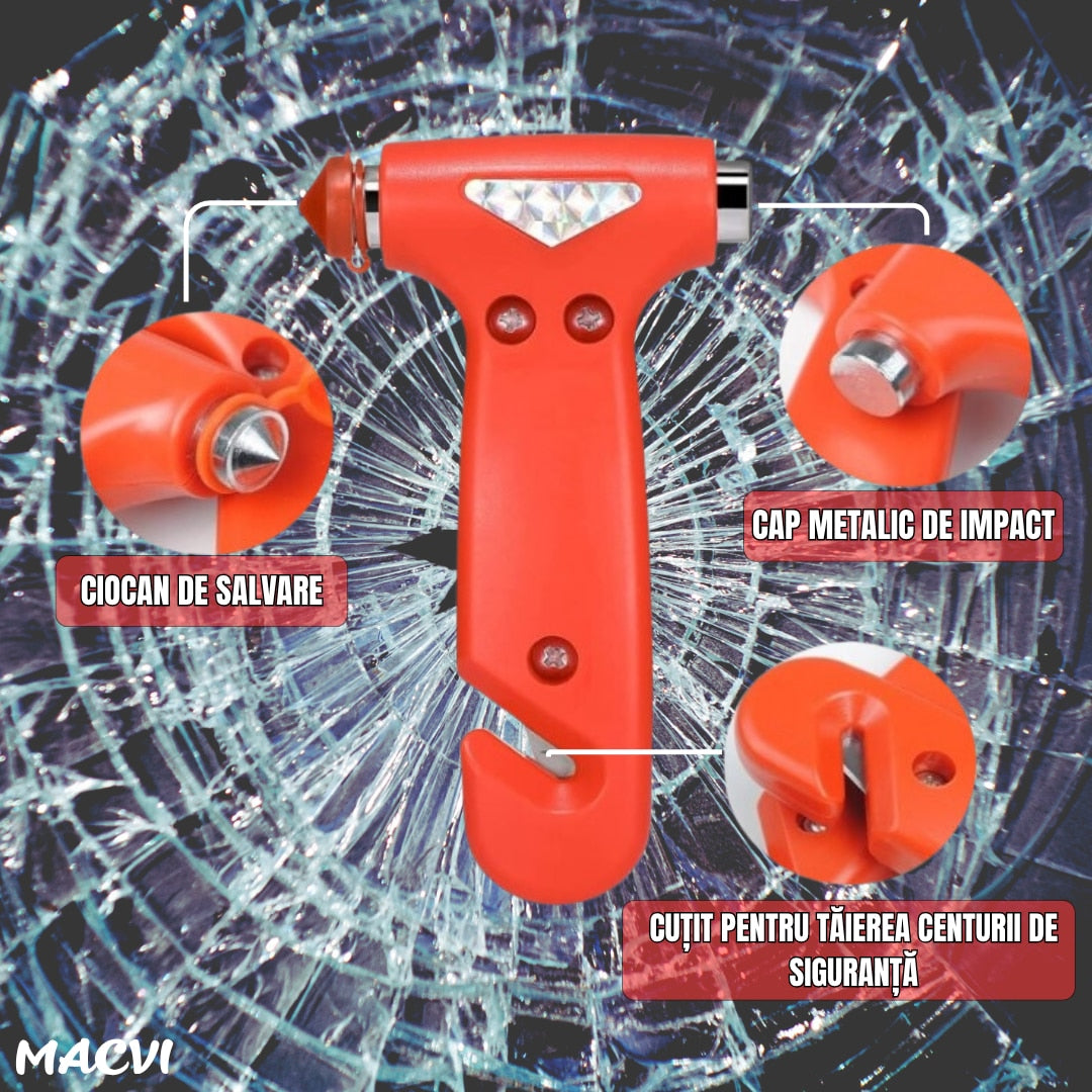 Ciocan de urgenta auto Macvi® 3 in 1, ABS rezistent, cu cutter pentru centura de siguranta si cap metalic pentru spart geamuri