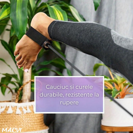 Bara Fitness Macvi® cu Benzi Elastice Reglabile, Multifunctionala pentru Antrenamente Complete, Rezistenta Ajustabila, Culoare Mov