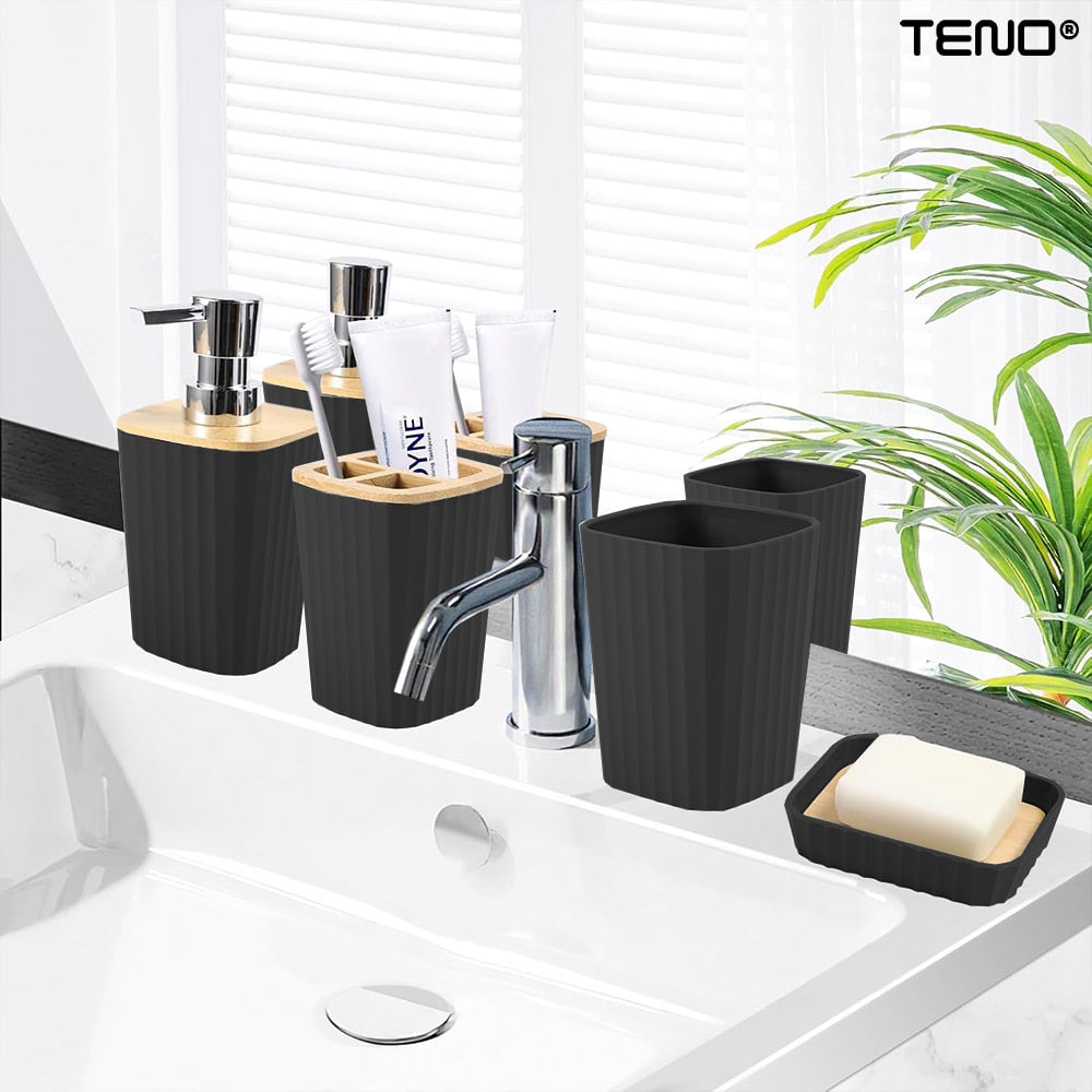 Set 5 Accesorii de Baie Teno®, dispenser de sapun, suport de periute, perie de toaleta, suport sapun, detalii din bambus, materiale rezistente, design minimalist, negru