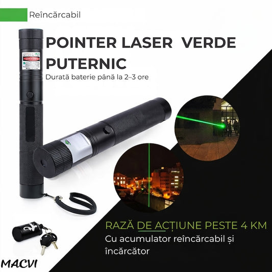 Laser Pointer Macvi® 405nm, 200mW, aluminiu, negru, cu blocare pentru copii, 100-500m