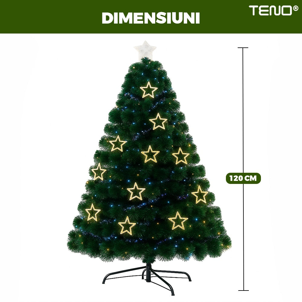 Brad Artificial de Craciun Teno®, luminite in forma de stea goala, varf stea inclus, cadru metalic, atmosfera feerica, verde, 120 cm