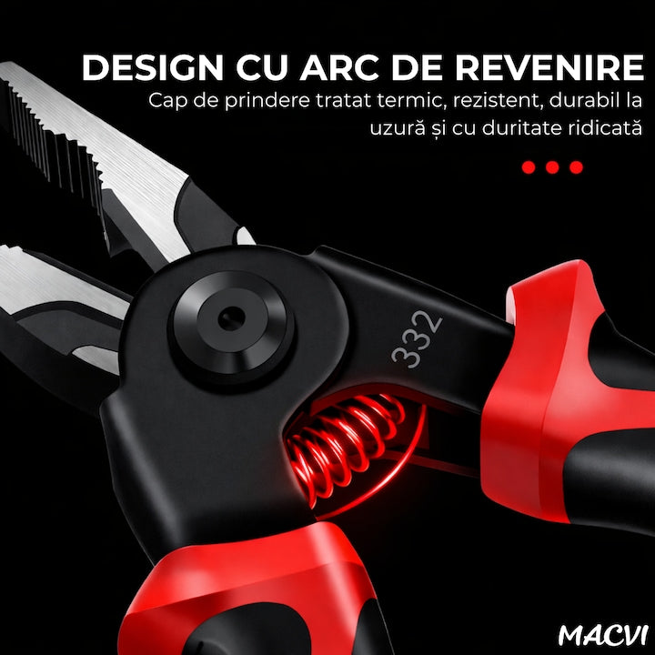 Set 5 in 1 patent multifunctional Macvi®, din otel, taietor cablu, dezizolator, cleste, sertizare, taietor, foarfeca, cu husa de depozitare, maner anticurentare si design ergonomic