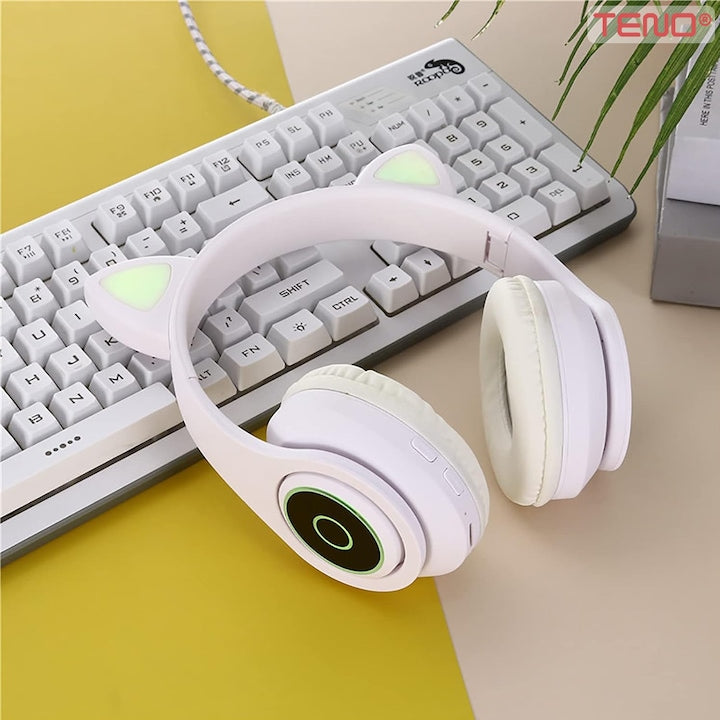 Casti Wireless Model Pisica Teno®, B39, overear, urechi de pisica cu iluminare RGB, bluetooth 5.0, handsfree, HiFi, bass stereo, alb