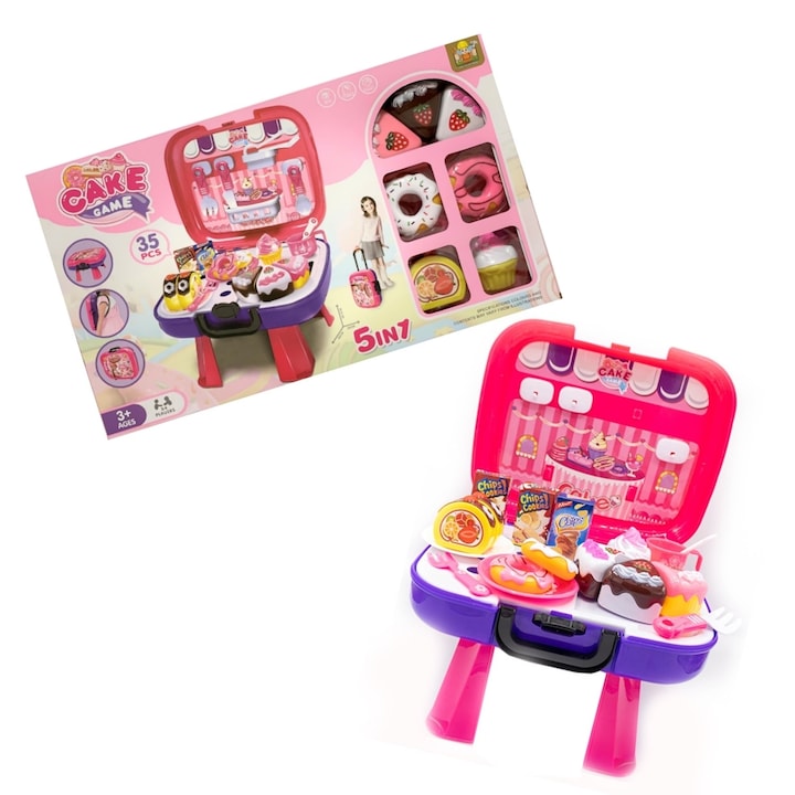 Set Cofetarie Macvi® 5 in 1 pentru Copii, 35 Piese Bucatarie Jucarie, Atelier Dulciuri si Prajituri, Joc Educativ Interactiv, 26x40.5x30 cm, Roz