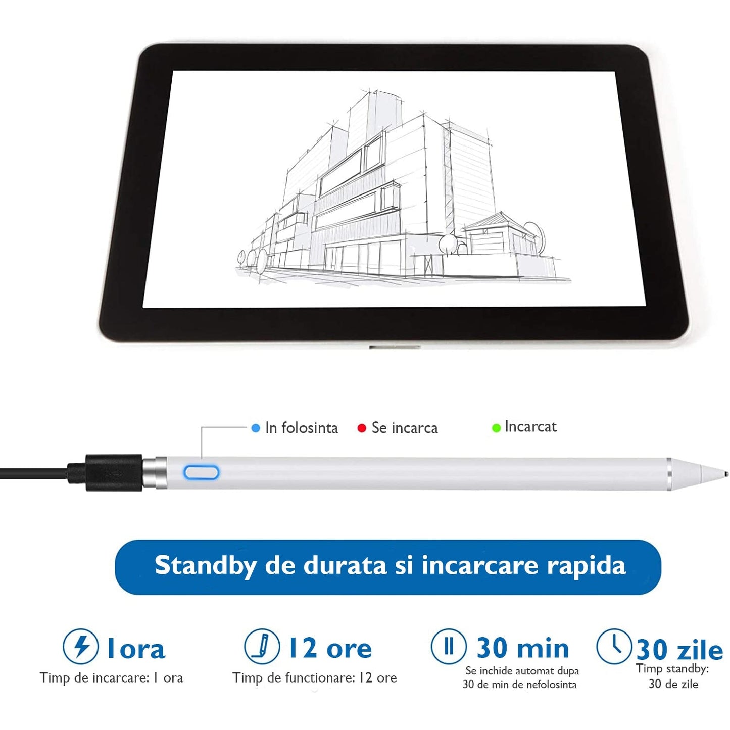 Stylus universal Macvi, alb, magnetic, pentru tablete