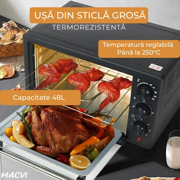 Cuptor Electric de Bucatarie Macvi® 2600W, 48L, Temperatura Reglabila 250°C, 4 Moduri Incalzire, Tava de Copt, Gratar, Functie Rotisor