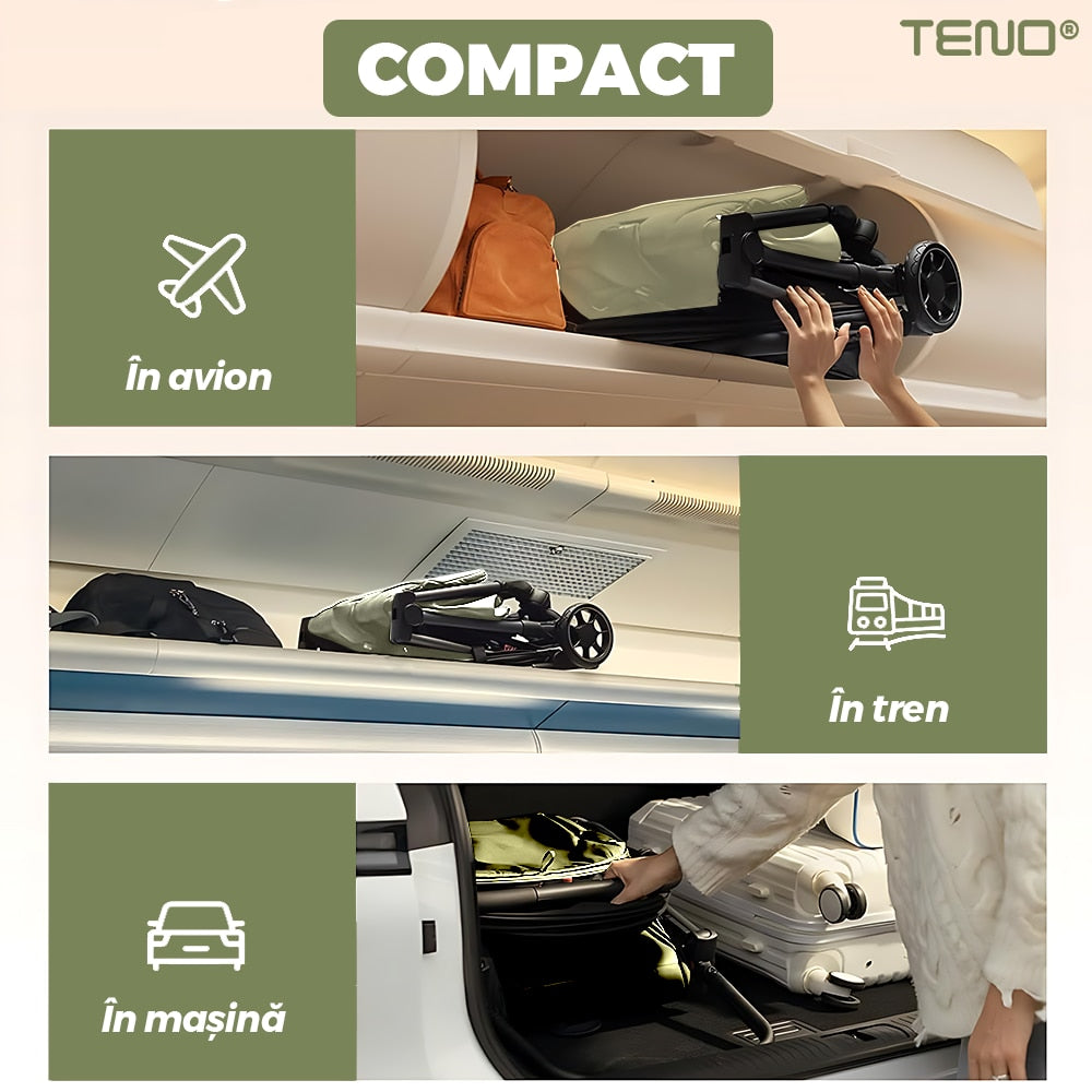 Carucior Sport pentru Bebelusi Teno®, pliabil, usor de carat, sezut reglabil, spatios, cosulet dorsal, copertina retractabila, greutate maxima suportata 25 kg, kaki