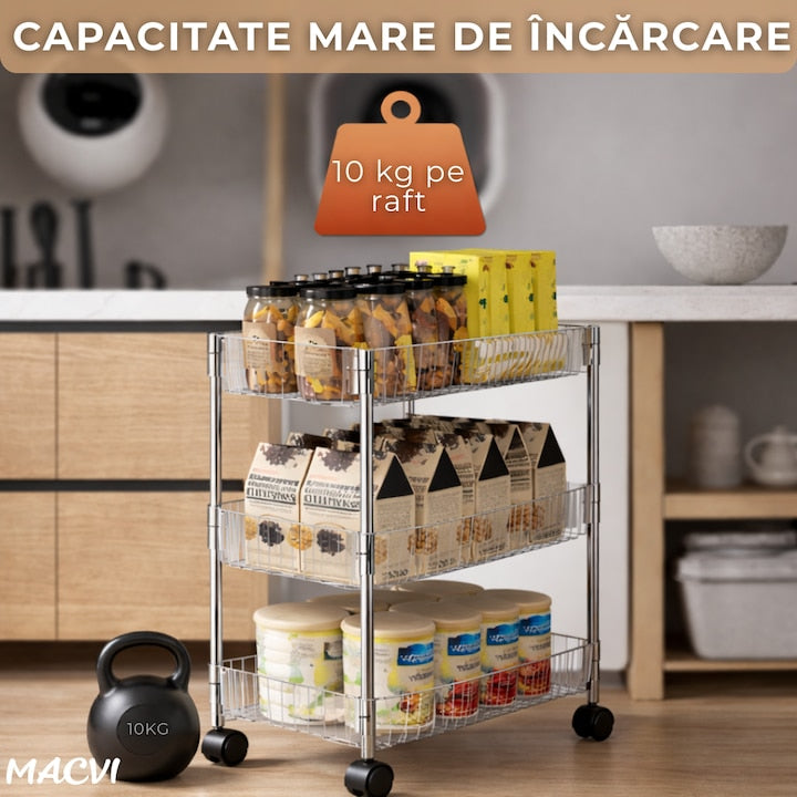 Raft depozitare Macvi® mobil cu 3 rafturi acrilice ingust cu roti pentru bucatarie baie si spatii mici 41 x 16 x 60 cm