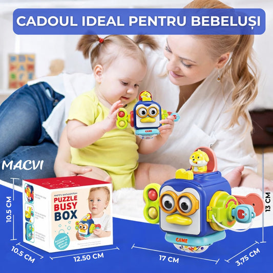 Jucarie interactiva 6 in 1 Macvi® tip cub, Montessori, multicolora, 17×13 cm, pentru dezvoltarea abilitatilor motorii si cognitive, 1 an+