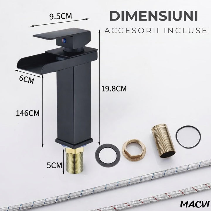 Baterie lavoar baie Macvi® tip cascada cromata din bronz inaltime 160 mm pipa 135 mm monocomanda, negru mat