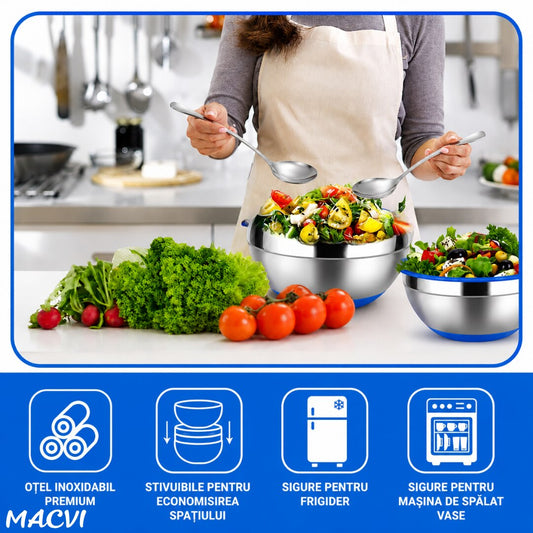 Castron Inox cu Capac si Baza Antiderapanta Macvi® 22 cm Bol Bucatarie, Otel Inoxidabil cu Capac Etans, Albastru