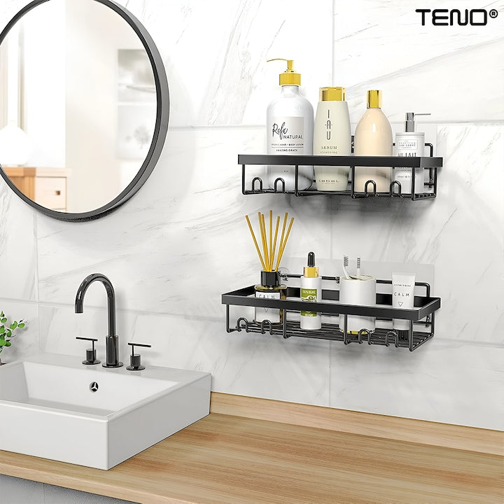 Set 2 Rafturi pentru Dus Teno®, depozitare si organizare, baie/bucatarie, otel inoxidabil, montare adeziva, rezistenta ridicata, cuiere incorporate, suporturi inalte, negru