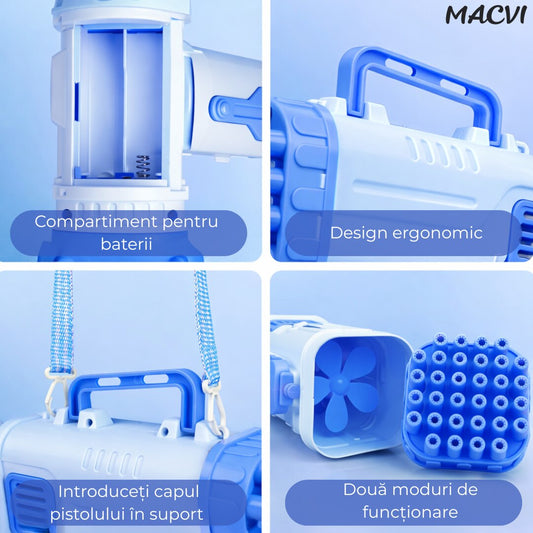 Pistol Baloane Sapun 32 Duze Macvi® tip Bubble Gun cu baterii(neincluse), Ventilator, Albastru