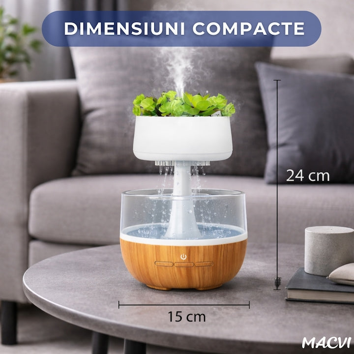 Umidificator decorativ cu efect de ploaie tip nor Macvi® cu LED 7 culori sunet ploaie si element vegetal artificial, 0.3L, Cablu USB