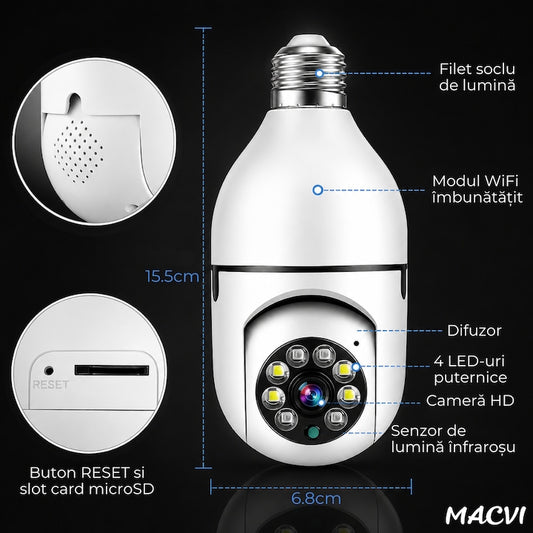 Camera de Supraveghere WiFi Macvi® Tip Bec E27, PTZ 360°, Full HD 1080P, 2MP, Vedere Nocturna Color, Detectare Miscare si Sunet, Audio Bidirectional, iCSee, Slot Card MicroSD 128GB, Alb