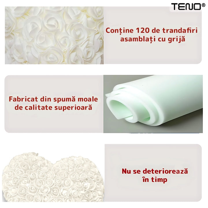 Inimioara din Trandafiri de Spuma Teno®, floral alb, handmade, cutie transparenta, eleganta si naturala, nemuritoare, 17 cm