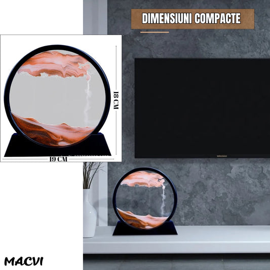 Obiect decorativ Macvi® cu efect 3D din nisip, masa rotativa 360°, baza din plastic, sticla si nisip, 18x19 cm, Rosu