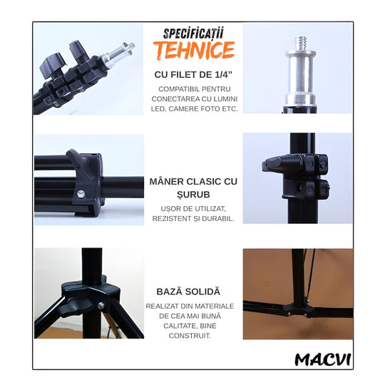 Trepied reglabil 2m Macvi® pentru camera foto, video, telefon si lampa circulara, suport profesional din aluminiu, prindere 1/4", ideal pentru vlogging, fotografie si live streaming