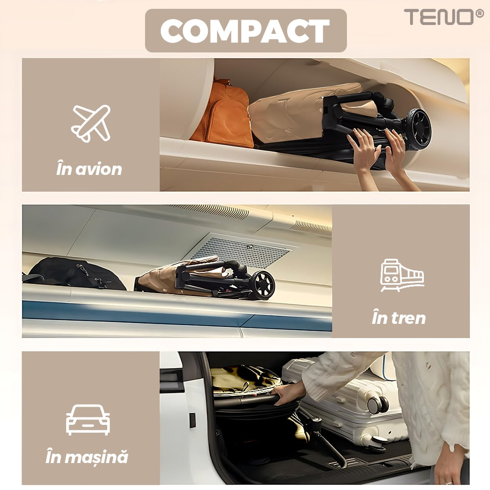 Carucior Sport pentru Bebelusi Teno®, pliabil, usor de carat, sezut reglabil, spatios, cosulet dorsal, copertina retractabila, greutate maxima suportata 25 kg, bej