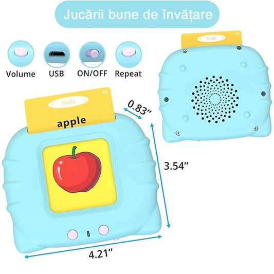 Jucarie educativa Montessori Macvi® masina de invatare limba engleza cu cititor carduri flash 112 carduri 224 cuvinte sunete interactive incarcare MicroUSB albastru 2 ani+