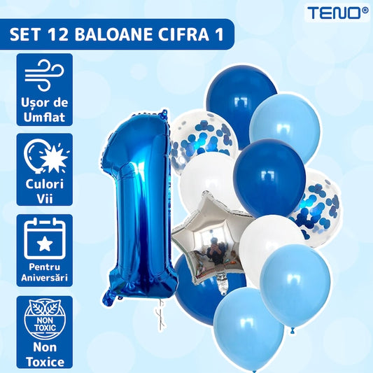 Set 12 Baloane Teno®, Cifra 1, pentru Petreceri/Aniversari/Evenimente, Stea/Rotunde/Confetti, 3 culori, latex, albastru