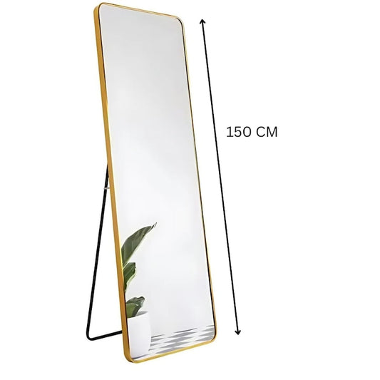 Oglinda de podea Macvi®, rama metalica gold, 150 x 40 cm, colturi rotunjite, eleganta, moderna, montare podea sau perete