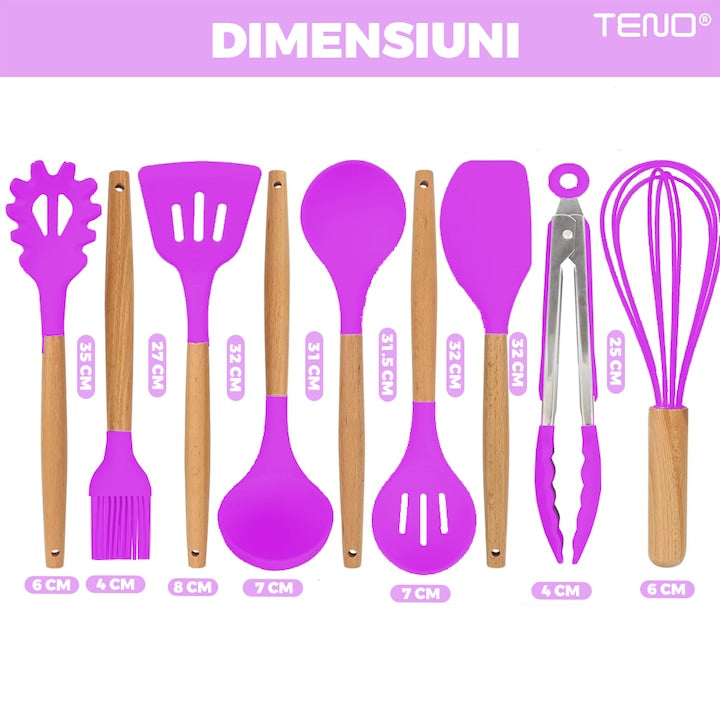 Set Ustensile Bucatarie 12 Piese Silicon Alimentar Teno®, termorezistente, antiaderente, sigure, suport inclus, mov