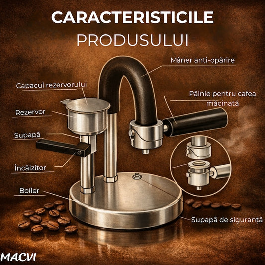 Espressor manual Kamira MACVI®, din inox 100%, presiune 4-5 bari, portabil, fara curent, filtru de inox pentru 1 ceasca cafea, compatibil aragaz si resou