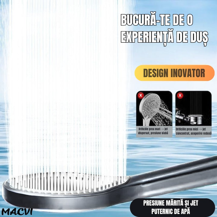 Cap de dus Macvi® cu jet reglabil, flexibilitate versatila, moduri multiple de pulverizare, finisaj Gri