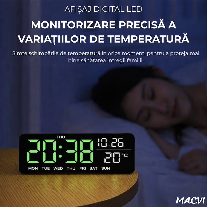 Ceas digital de masa si perete Macvi® 24 x 9 cm afisaj LED verde alarma snooze calendar cronometru termometru luminozitate reglabila