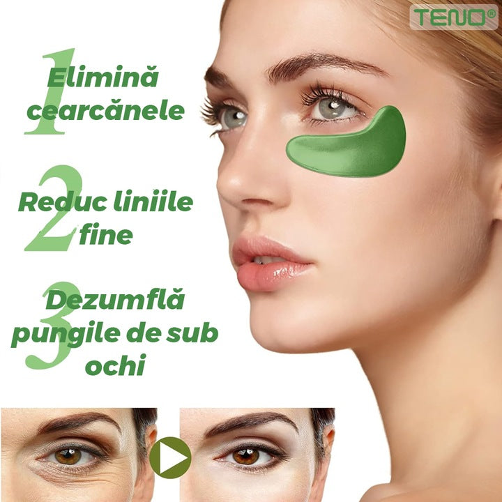 Set 60 de Plasturi pentru Ochi Teno®, cu alge marine, hialuronat de sodiu, hidratanti, pentru ingrijirea ochilor, lumineaza cercurile ochilor, reduc pungile de sub ochi, verde