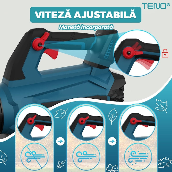 Suflanta Aer Universala Teno®, viteza de pana la 46.5 m/s, putere de 88V, volum de Aer 13 metrii cubi, 2 acumulatori, autonomie ridicata, verde