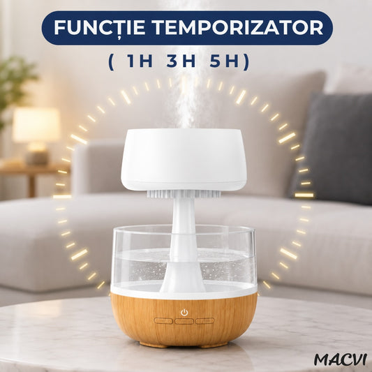 Umidificator decorativ cu efect de ploaie tip nor Macvi® cu LED 7 culori sunet ploaie, 0.3L, Cablu USB