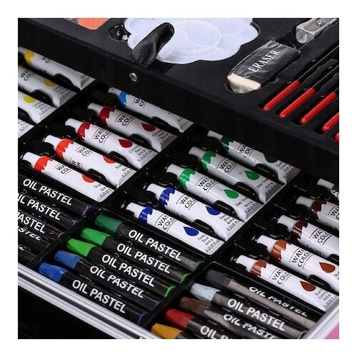 Set pentru pictura si desen MACVI, 145 piese, cutie metalica albastra, pentru copii, 38x26x4cm