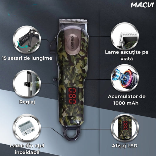 Trimmer Macvi® GM 2608 cu afisaj LED - Functionare cu cablu/fara fir, 15 setari de lungime, 3 ore incarcare, 180 min autonomie