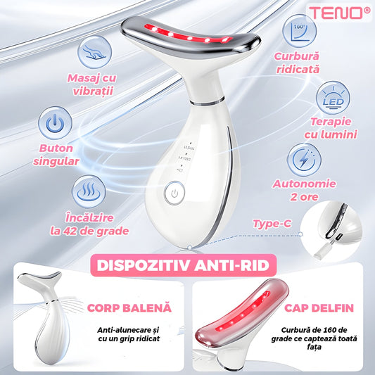 Dispozitiv Anti-Rid Teno®, aparat de masaj facial si pentru gat, suport inclus, cu incalzire pana la 42°C, 3 moduri de vibratie, fototerapie, lifting si reducerea ridurilor, alb
